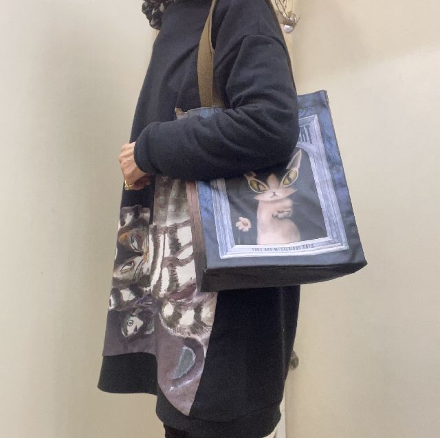 猫のダヤンのラミネートレッスンバッグ「肖像画」柄を肩に掛けた画像