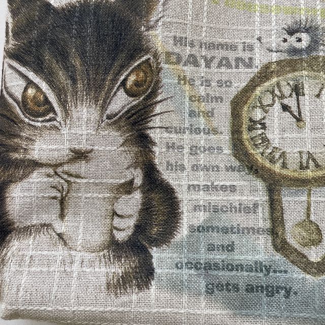 猫のダヤンの格子麻風トートバッグお茶の時間柄のオモテ面のクローズアップ画像
