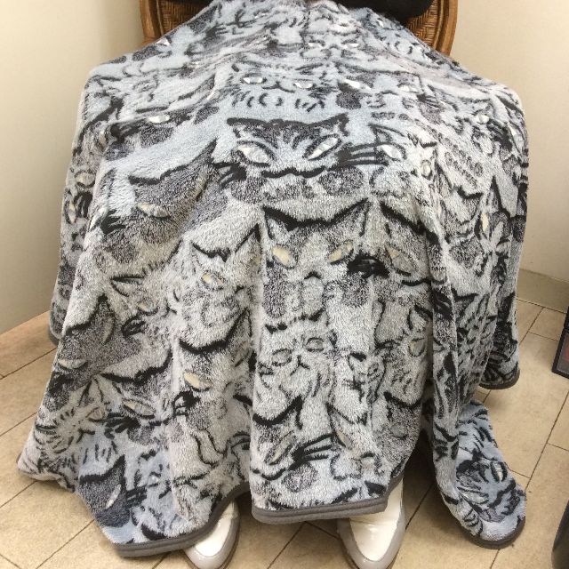 ダヤンの蓄光フリースひざ掛けを座っている人の膝に掛けた画像
