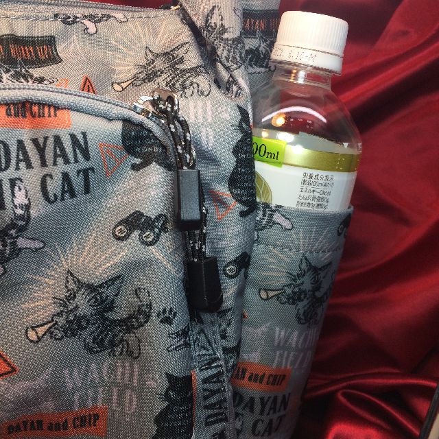 猫のダヤンの撥水ショルダーバッグ「DAYAN＆CHIP」柄のボトルポケットにボトルをを入れた画像