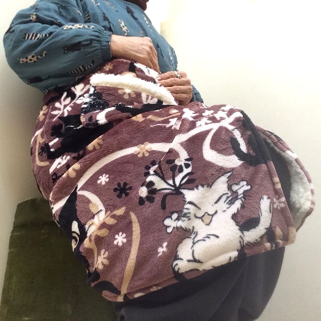 ダヤンの腰巻ブランケットをスカートの様に巻いて椅子に座った画像