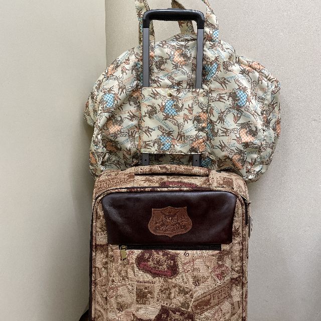 猫のダヤンの折りたためるボストンバッグ「椅子とダンス」柄をスーツケースに付けた画像