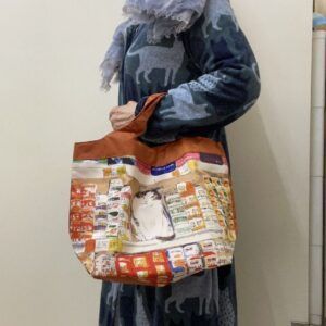 【マンハッタナーズ】エコバッグ・グルメ猫柄・オレンジ色・総裏地付き