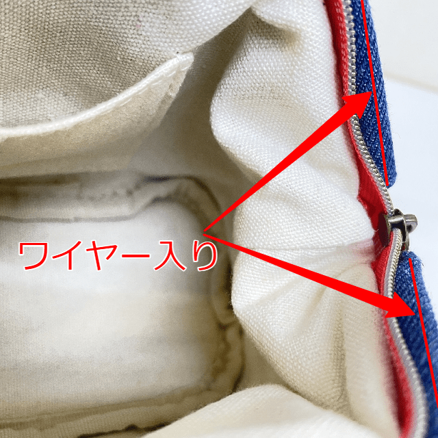 サンスター文具のちいかわデニムポーチワイヤー入りの開口部の画像