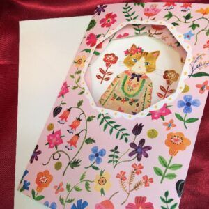 【メール便・Aiko Fukawa】トラ猫バースデーカード・BOTANICAL GARDEN柄・ピンク色金箔貼り・三つ折り